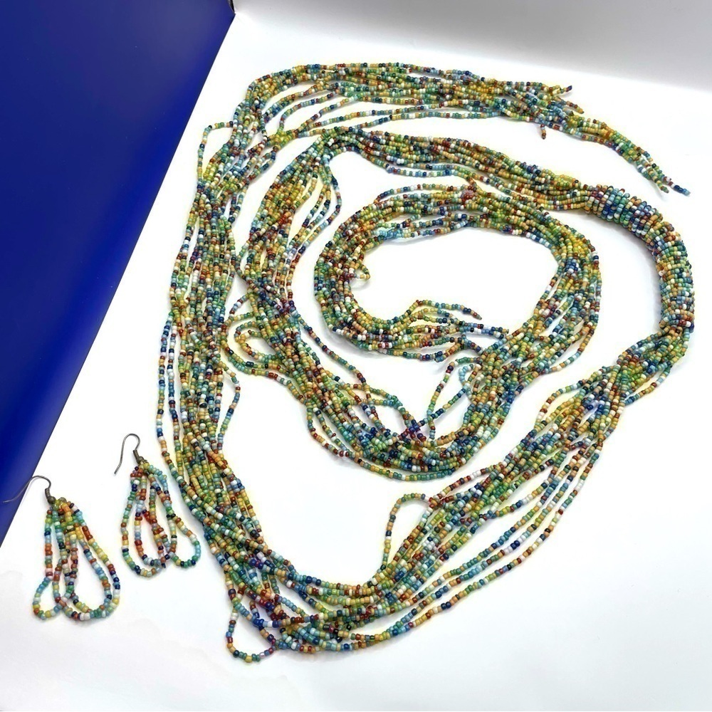 African Jewelry LOOONG Necklace Earrings Artisan Kenyan Set Rainbow Beaded RARE! - Picture 5 of 8